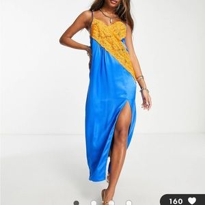 Topshop contrast color block slip dress in blue with orange lace